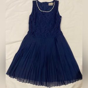 Navy Pleated Dress with Pearls